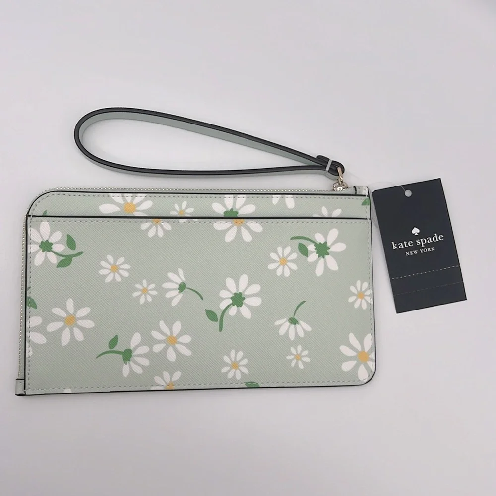 Kate Spade Lucy Day Tripper Daisy Medium L-Zip Wristlet Green White - Picture 2 of 12